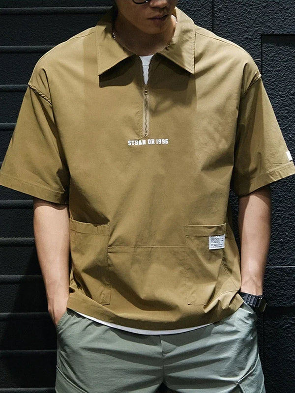 Y2k Barcode glitch – Summer Letter Print Mens Polo Shirts Casual Short Sleeve Zip