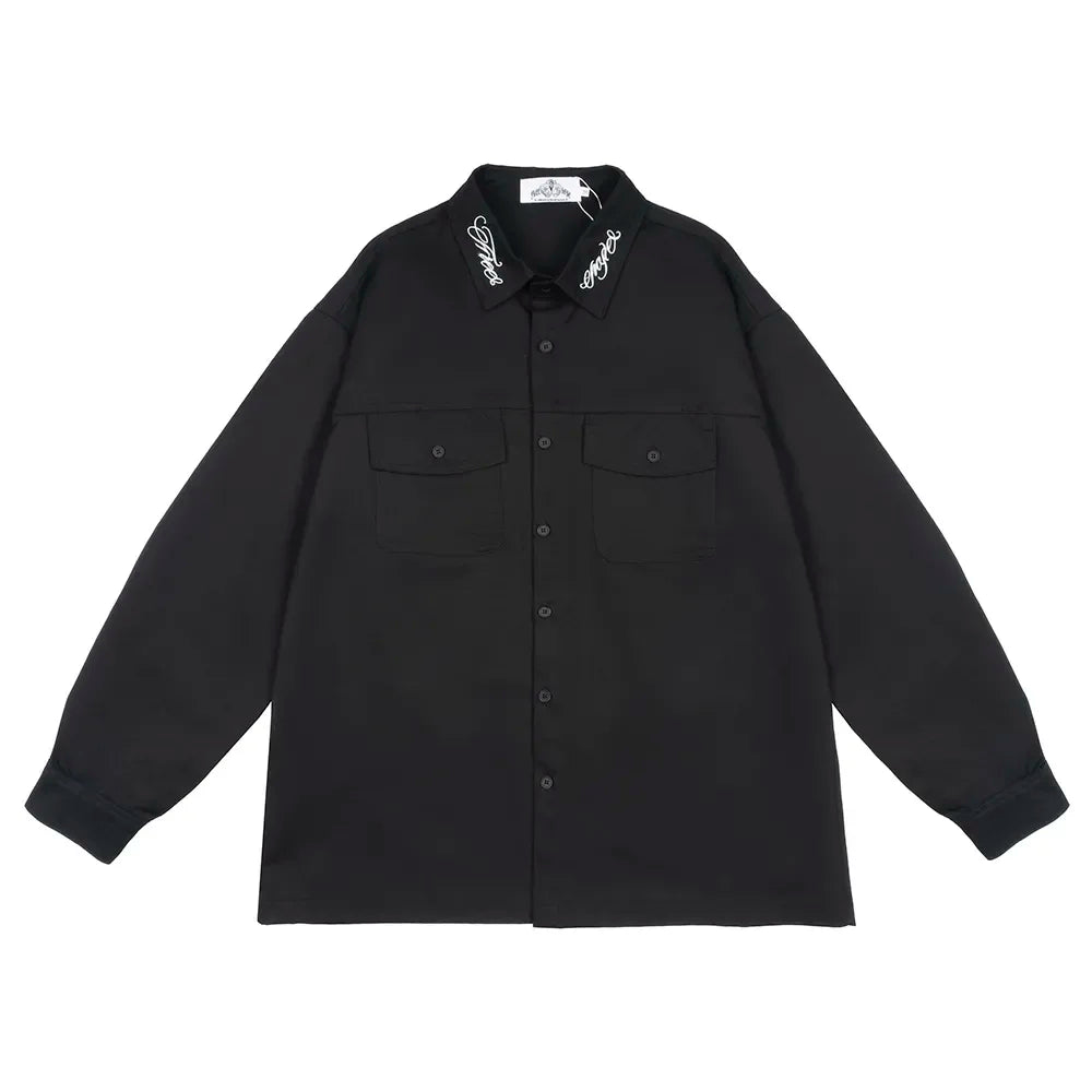 Neck Letter Embroidery Vintage Black Shirts for Men and Women Lapel Streetwear Baggy Camisas Y2k Ropa Hombre Casual Clothing