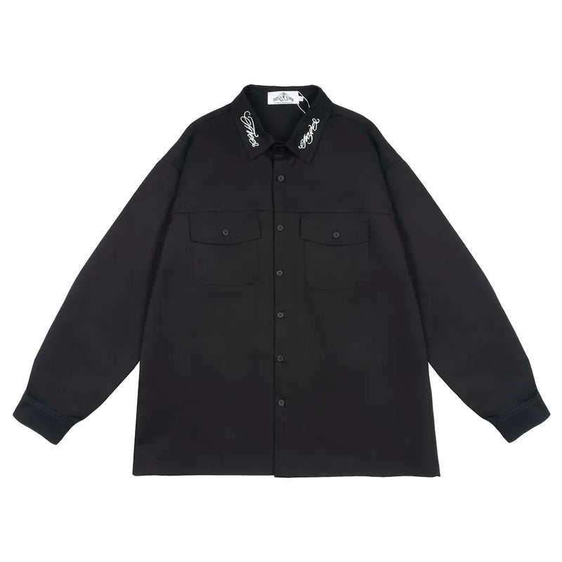 Neck Letter Embroidery Vintage Black Shirts for Men and Women Lapel Streetwear Baggy Camisas Y2k Ropa Hombre Casual Clothing