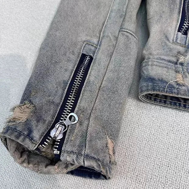 urban fashion featuring collarless wash denim motorcycle jacket design – premium quality jacket for men