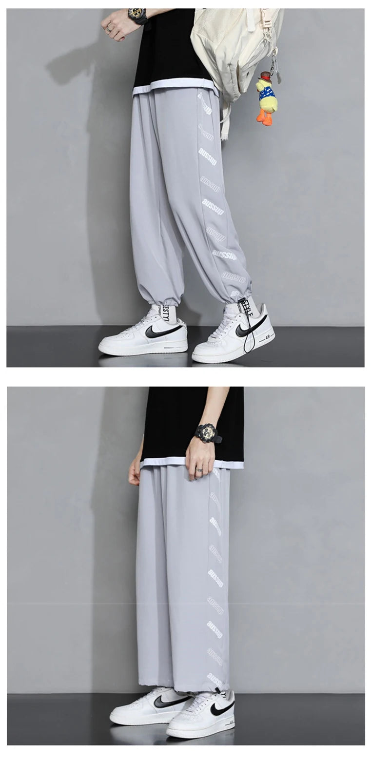 summer side letter printed straight pants mens drawstring sports joggers sweatpants y2k streetwear baggy casual trousers unique joggers style 913