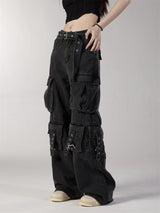 fashion loose streetwear cargo denim jeans unisex casual multi pocket straight jean pants with belt hip hop joggers baggy jeans unique joggers style 3711