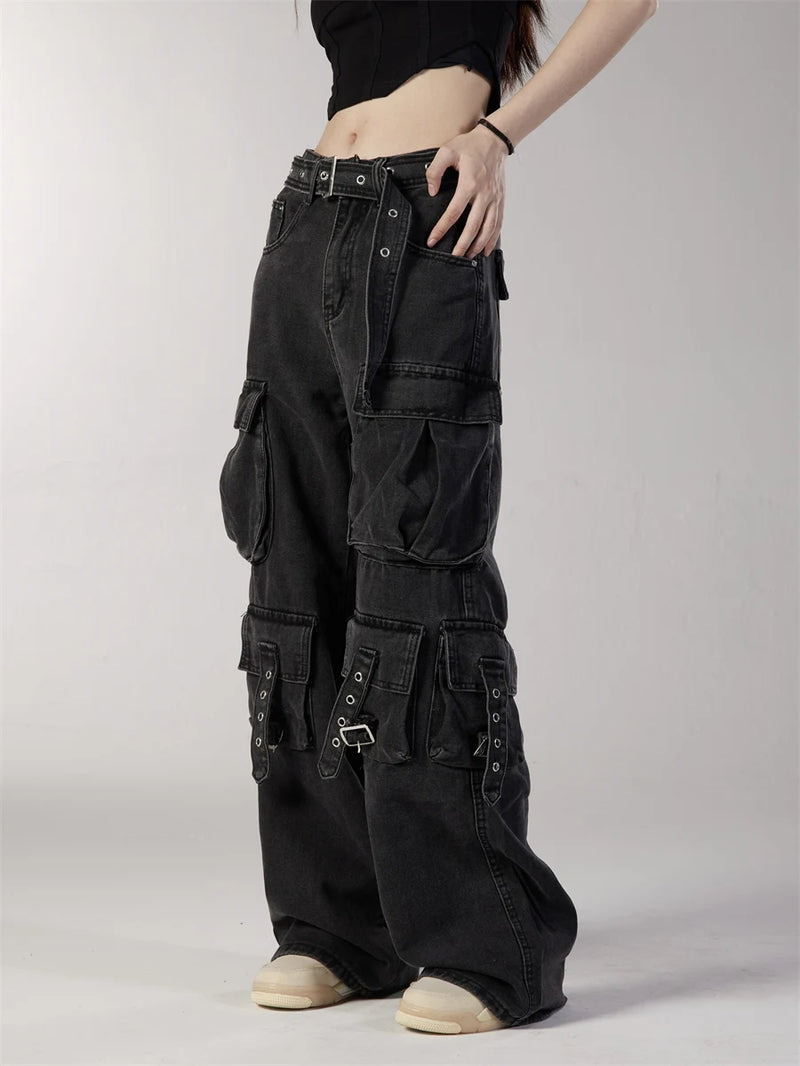fashion loose streetwear cargo denim jeans unisex casual multi pocket straight jean pants with belt hip hop joggers baggy jeans unique joggers style 3711