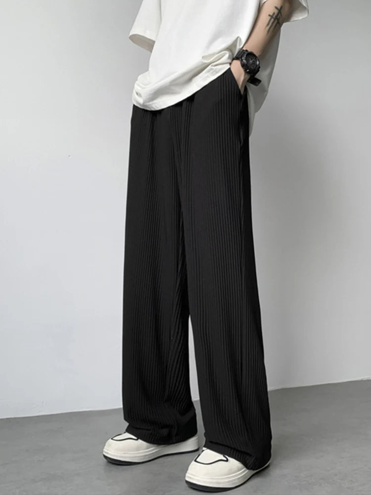 summer texture straight pants for men korean fashion baggy wide leg trousers casual drape pleated striped y2k pantalones hombre unique default style 507