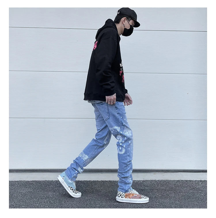 mens high street paisley print denim jeans casual hip hop distressed jeans slim fit skinny denim pants joggers streetwear men unique joggers style 1238