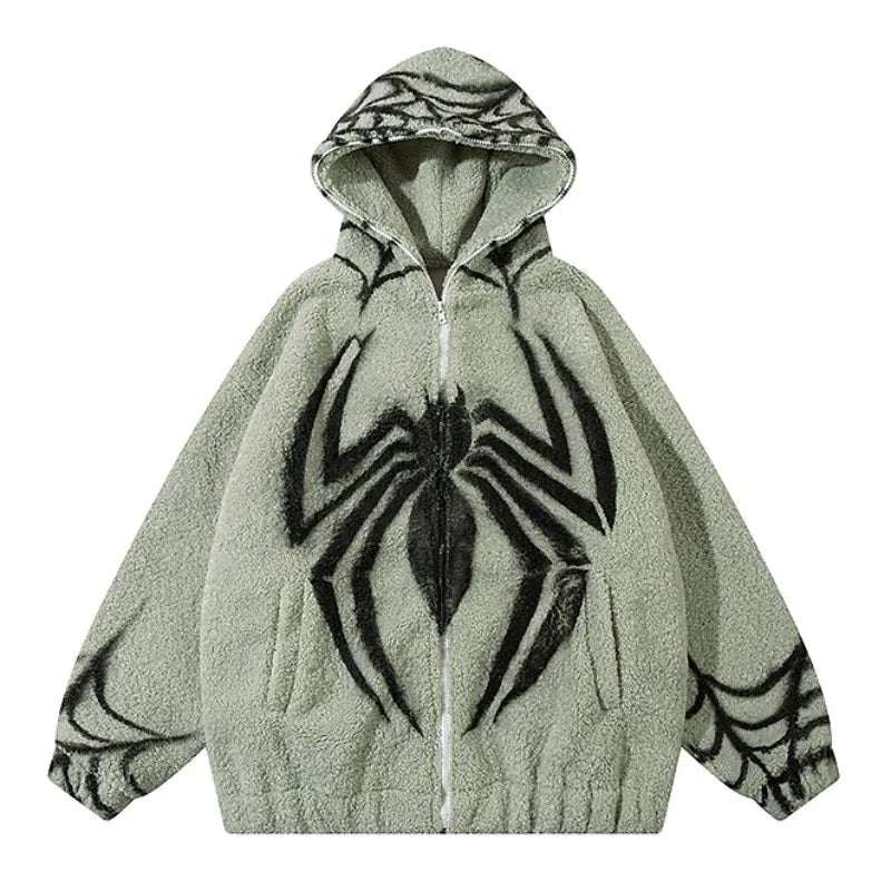 mens harajuku spider graffiti fleece jackets and coats hairy zipper hooded outerwear warm streetwear parkas loose bomber jack - variant style 7c5448 for streetwear fashion