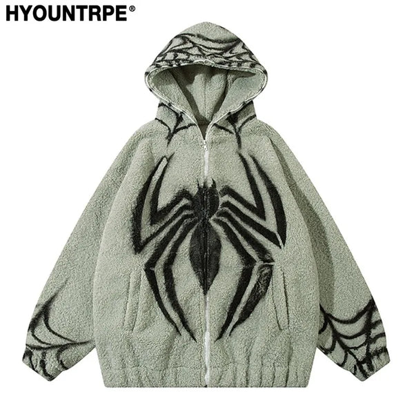 mens harajuku spider graffiti fleece jackets and coats hairy zipper hooded outerwear warm streetwear parkas loose bomber jack - variant style 7c5448 for streetwear fashion