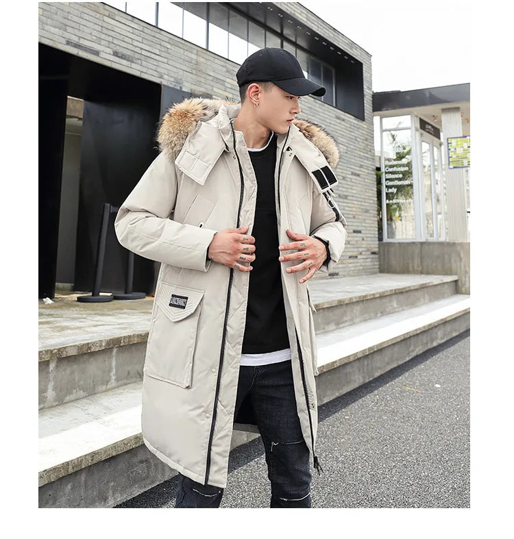 Korean Style Winter Long Parka Coat Men Woman Down Jacket Clothing Hooded Fur Collar Thicken Warm Leisure Lovers Overcoat
