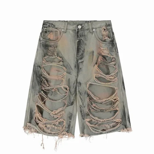 destroy ripped big holes spliced denim jeans shorts hip hop loose short pant harajuku half baggy jeans mens summer casual shorts unique jeans style 2668
