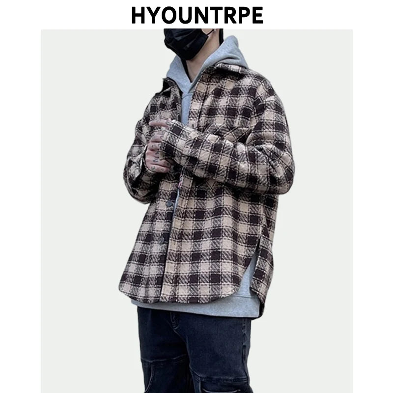 Mens Plaid Shirts New Fashion Single Breasted Hip Hop Loose Shirts Autumn Winter Casual Long Sleeve High Street Streetwear