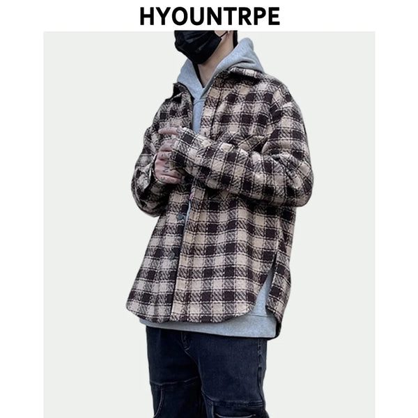 Mens Plaid Shirts New Fashion Single Breasted Hip Hop Loose Shirts Autumn Winter Casual Long Sleeve High Street Streetwear