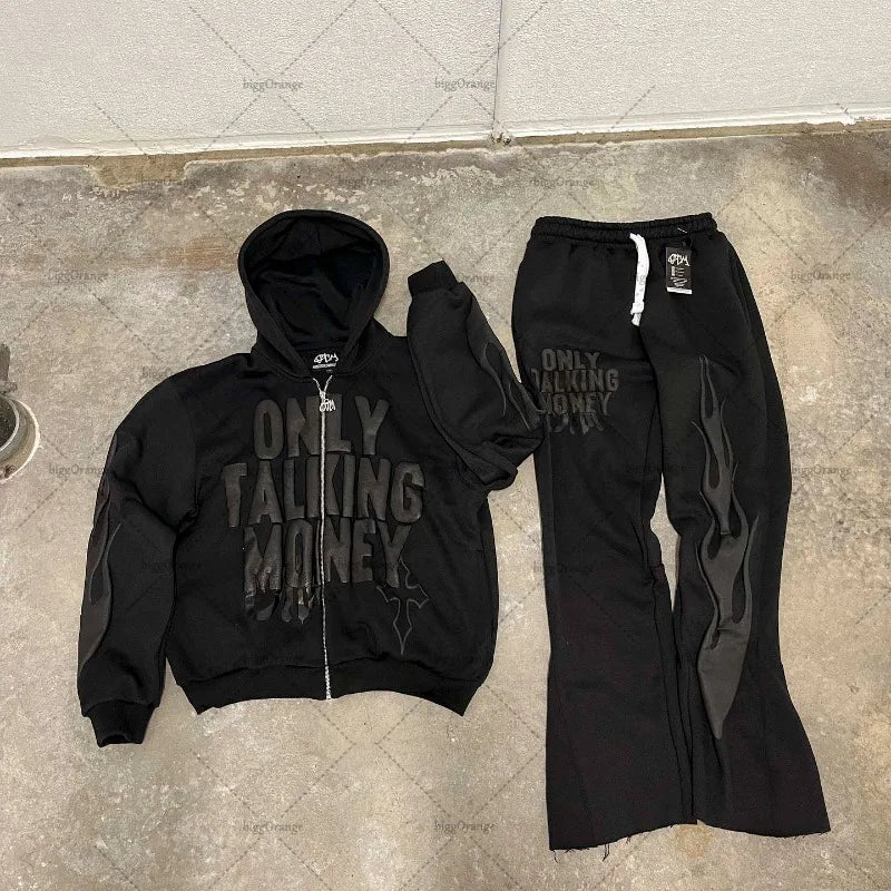 American Fashion Gothic Flame Letter Print Oversized Hoodie Mens Y2K S