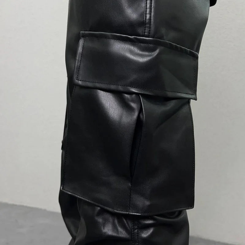 pu leather pants mens streetwear fashion hip hop vibe casual faux leather cargo flared pant men motorcycle trousers unique cargo style 3075
