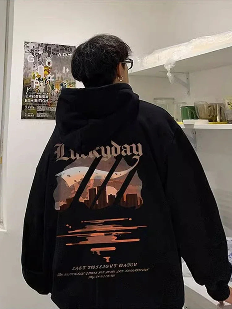New Hip Hop Graphic Pullover Hoodies For Men Cotton Fleece Vintage Hoo