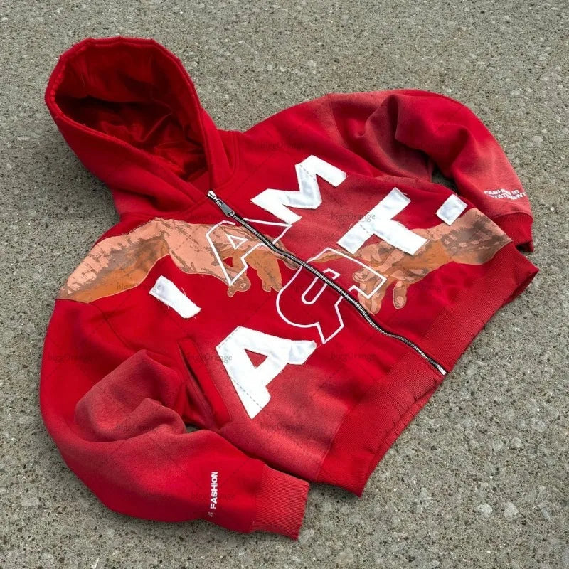 Hip Hop Trendy Streetwear Y2K Harajuku American Retro Letter Print Zip
