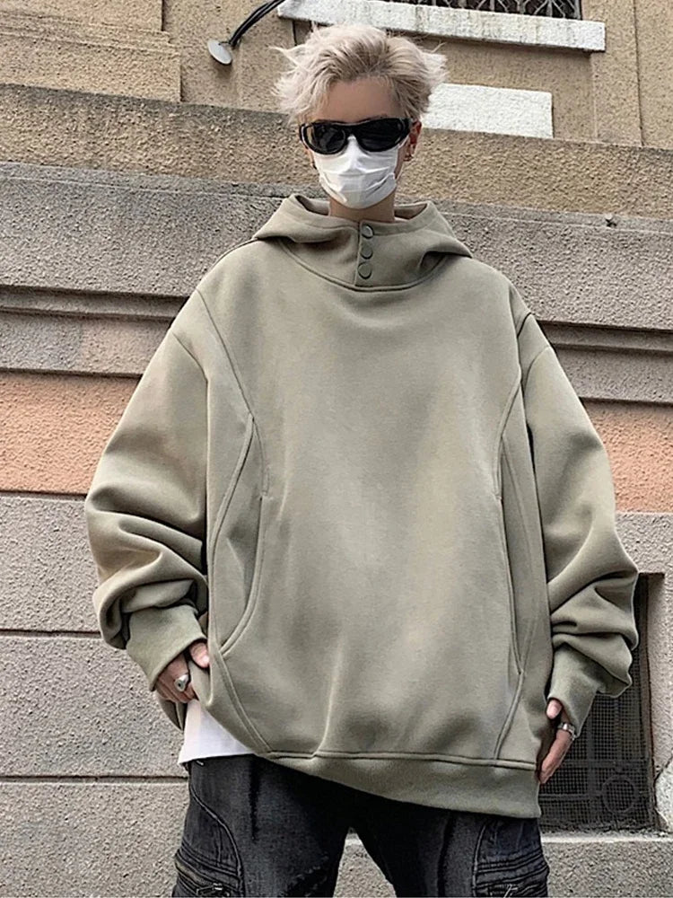 New Retro Button Neck Hooded Sweatshirts For Men Autumn Fleece Y2K Vintage Hoodies Hip Hop Fashion Streetwear Pullover Hoodie