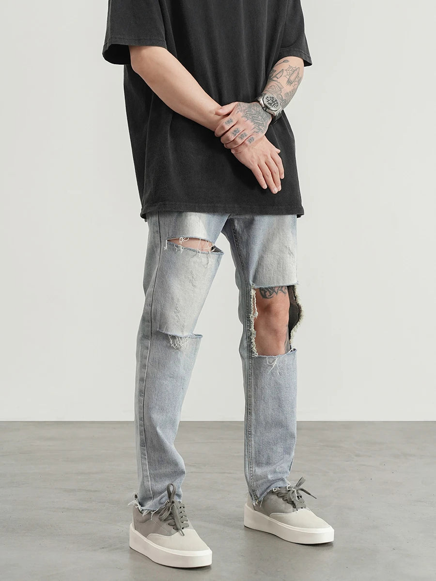 destroied big holes ripped denim jeans mens distressed biker jeans fashion high street slim straight pants streetwear joggers unique joggers style 1367