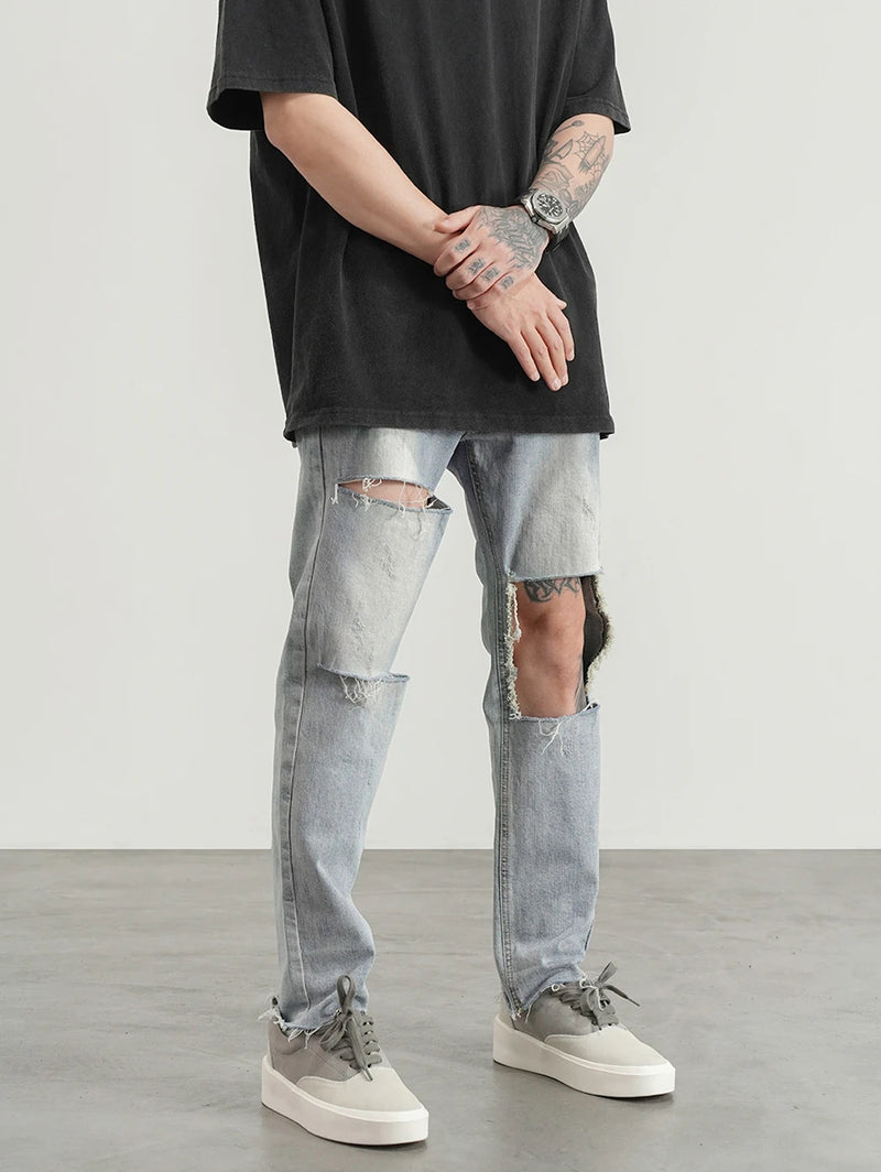 destroied big holes ripped denim jeans mens distressed biker jeans fashion high street slim straight pants streetwear joggers unique joggers style 1367