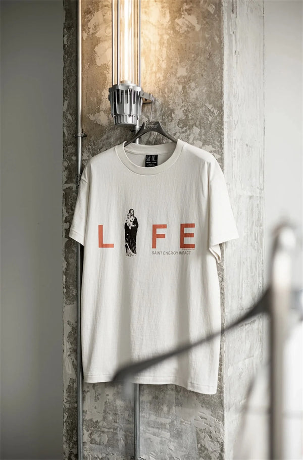 Vintage Retro New Summer Street Wear LIFE Letter Printing High-Street Loose Casual Tops T-Shirt