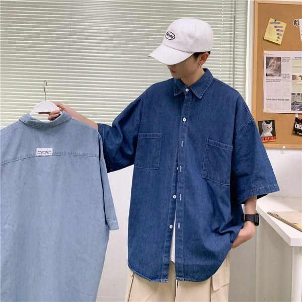 2023 Denim Short-sleeved Shirt Men's Summer Japanese Style Loose And Comfortable Casual Jacket Boutique Clothing Simple Style