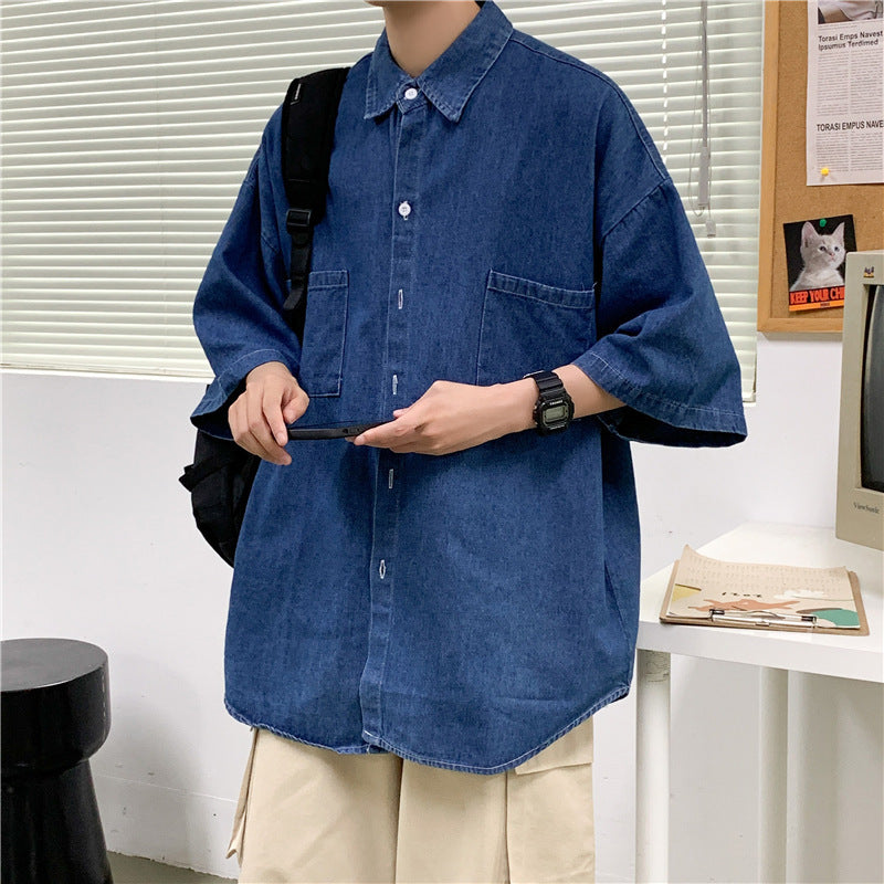 2023 Denim Short-sleeved Shirt Men's Summer Japanese Style Loose And Comfortable Casual Jacket Boutique Clothing Simple Style