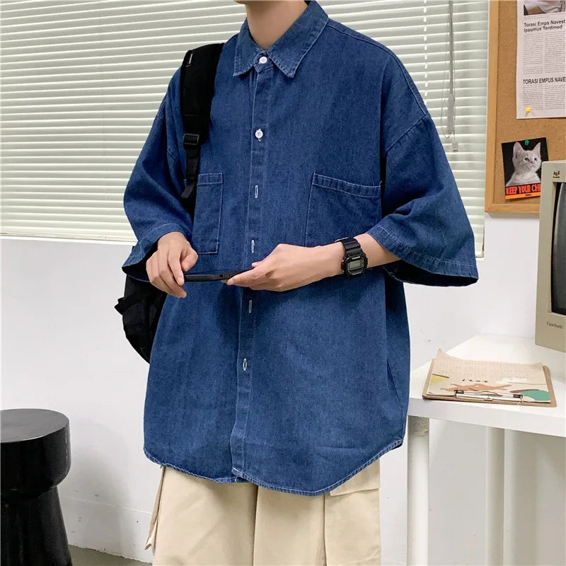 2023 Denim Short-sleeved Shirt Men's Summer Japanese Style Loose And Comfortable Casual Jacket Boutique Clothing Simple Style