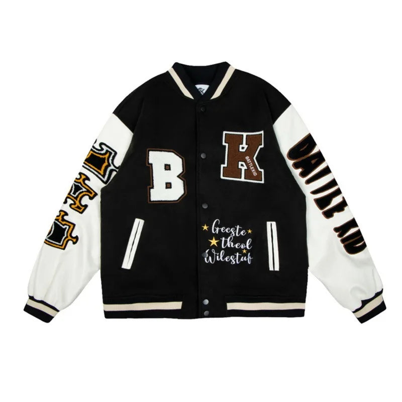 leather varsity jacket, fall winter fit, for men, fall streetwear outfit, oversized style, layered fashion, modern aesthetic, graphic detail