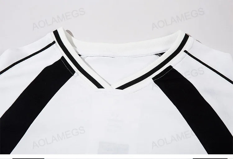 Glitchcore Aesthetic piece – Men T Shirts Patchwork V Neck Short Sleeve T Shirt High Stre