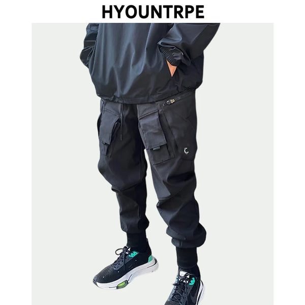 men cargo harem pants casual elastic waist trousers with pockets streetwear hip hop loose fit ankle drawstring sweatpant jogger streetwear sweatpants