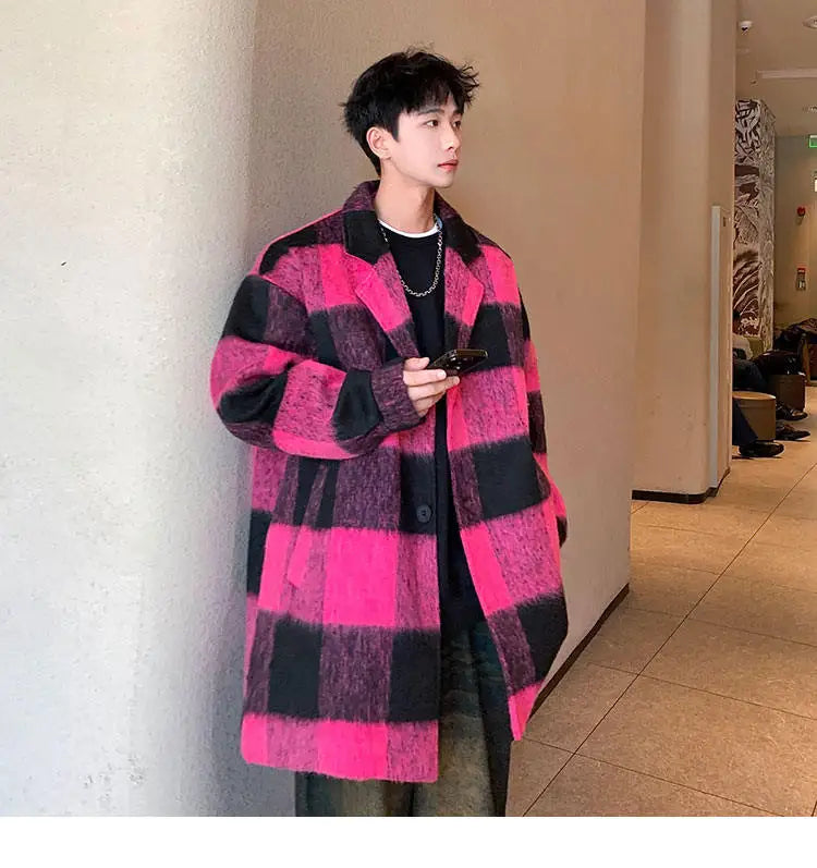 Plaid Woolen Trenchcoat Men Autumn Winter Fashion Retro Streetwear Suit Collar Loose Casual Trendy Trench Coat Outerwear