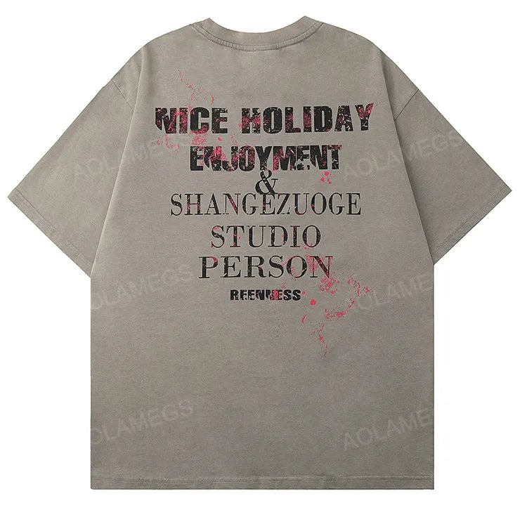 Sadcore Melting smiley – Men Gothic Retro T Shirt Abstract Letter Print Short Sleeved