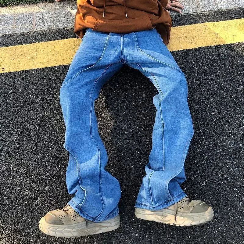 2023 cool design blue gothic baggy men jeans pants y2k clothes korean fashion women straight solid denim trousers pantalon homme unique jeans style 1186