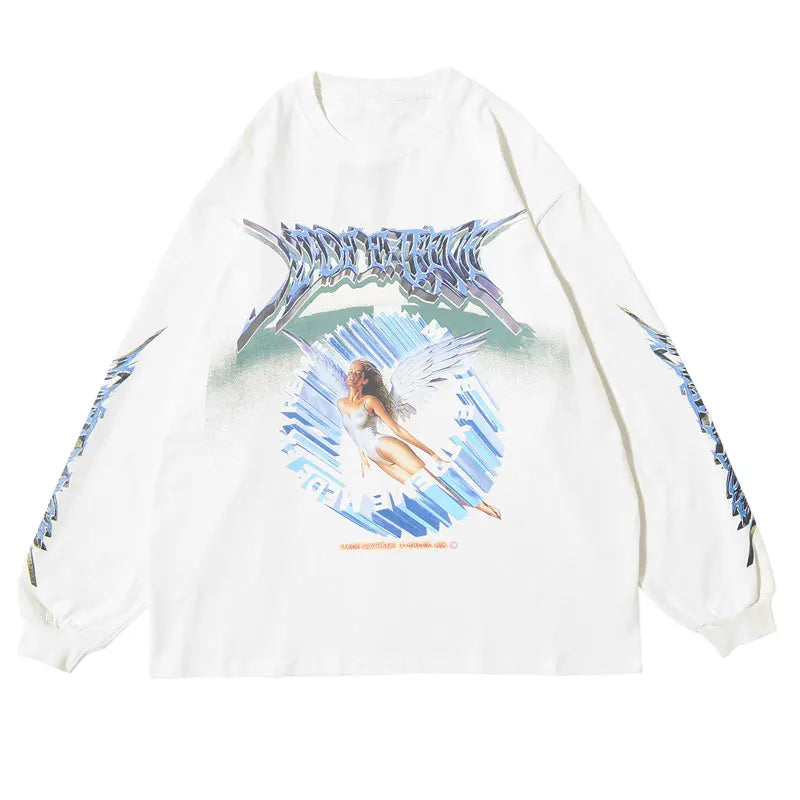 Glitchcore Fashion – Gonthwid Creative 3D Angel Print Long Sleeve Tees Shirts Str – Modern Streetwear for Everyone