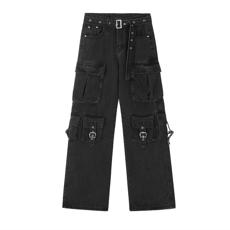 fashion loose streetwear cargo denim jeans unisex casual multi pocket straight jean pants with belt hip hop joggers baggy jeans unique joggers style 3699