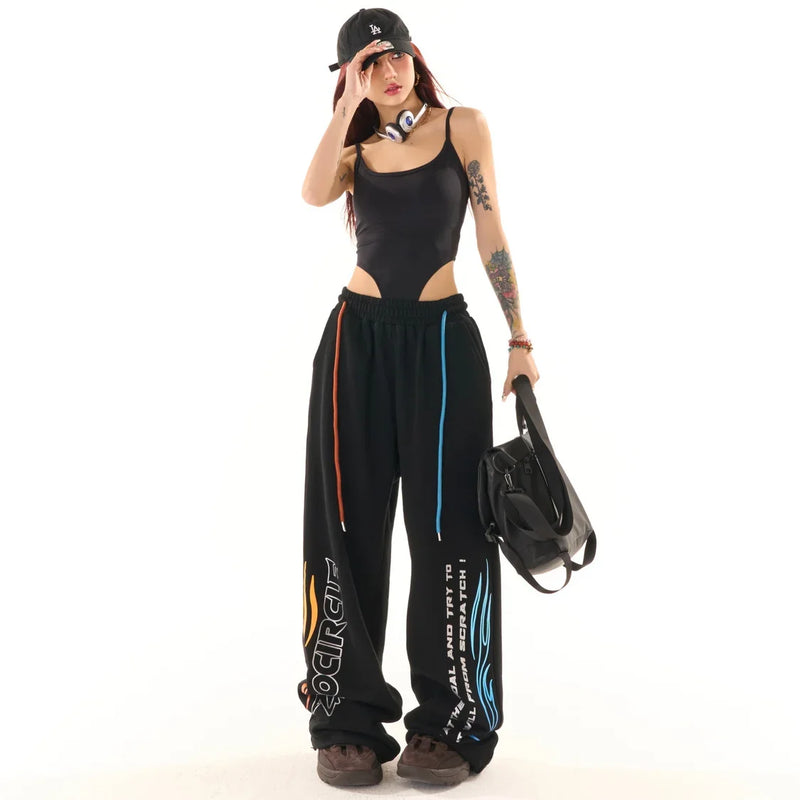 high street hiphop black wide leg waist pants women spring american loose straight casual y2k pants streetwear women sweatpants unique joggers style 2562