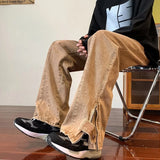 2023 korean fashion ankle zipper vintage brown men jeans pants luxury straight hip hop casual denim trousers pantalones hombre ripped baggy denim