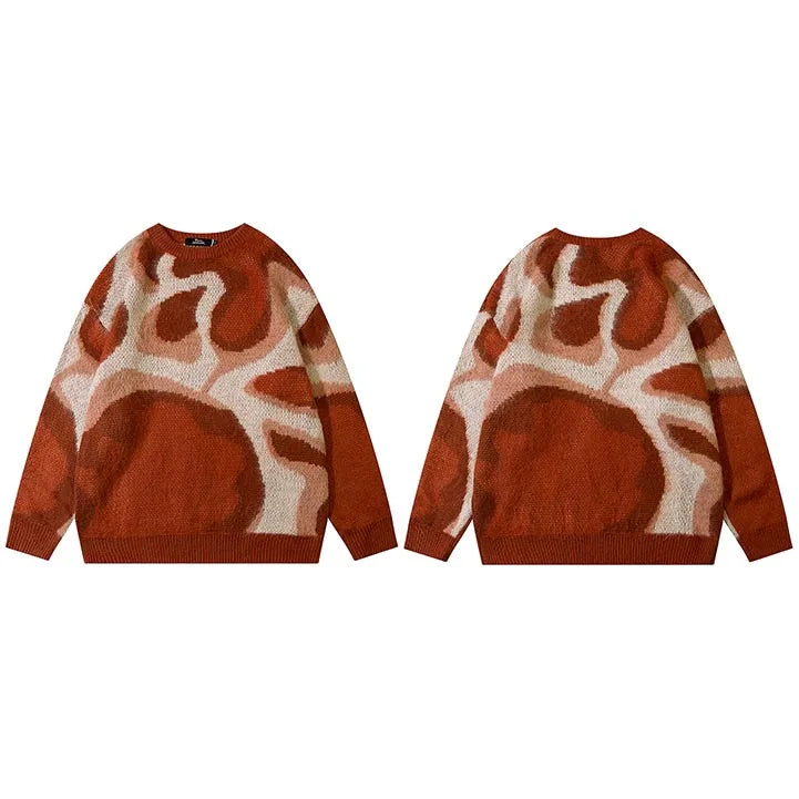 techwear flame knit sweater with structured oversized fit, ideal for cold streetwear layers, men’s streetwear clothing piece 