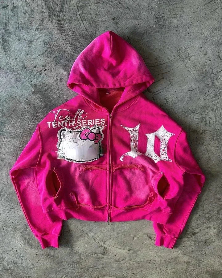 gothic cartoon embroidered letters pink loose hoodie sweatshirt 2 piece sets womens outfits streetwear zipper hoodie y2k clothes clean everyday pants