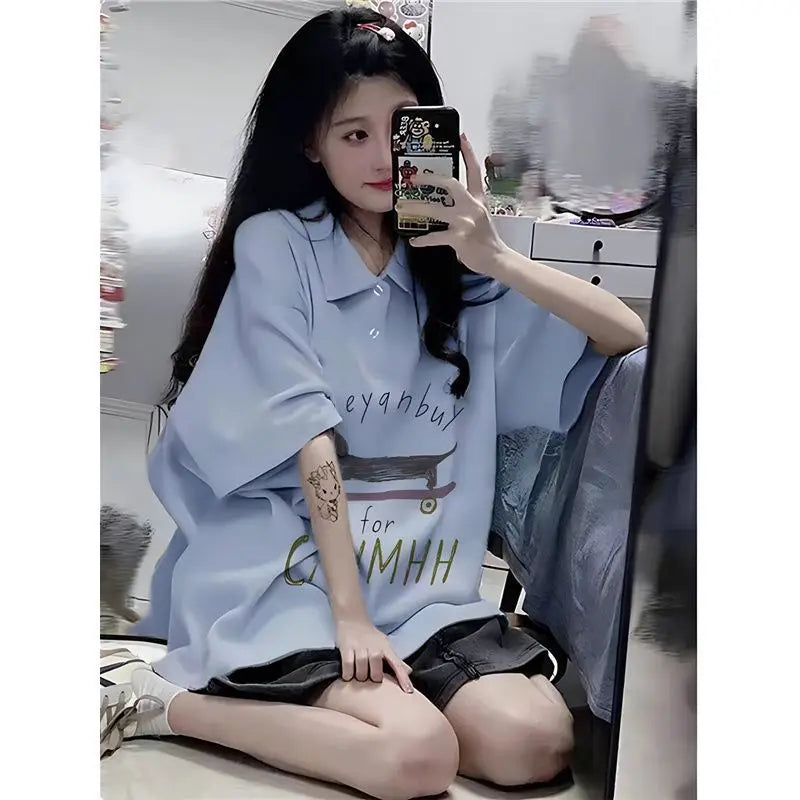 Gothic Vintage print – New 2024 Korean Style Casual Loose Blue Polo Collar Short Sl