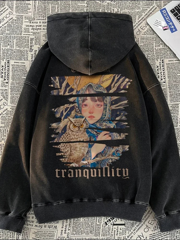 New Art Owl Girl Graphic Print Hoody Sweatshirts For Men Washed Distre