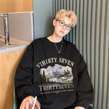 Autumn Oil Painting Landscape Print Cotton Sweatshirt Men Loose Casual Crewneck Pullover Hoodies Korean