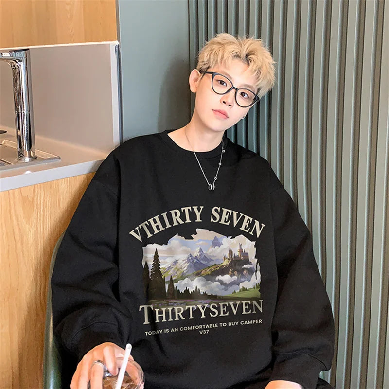 Autumn Oil Painting Landscape Print Cotton Sweatshirt Men Loose Casual Crewneck Pullover Hoodies Korean