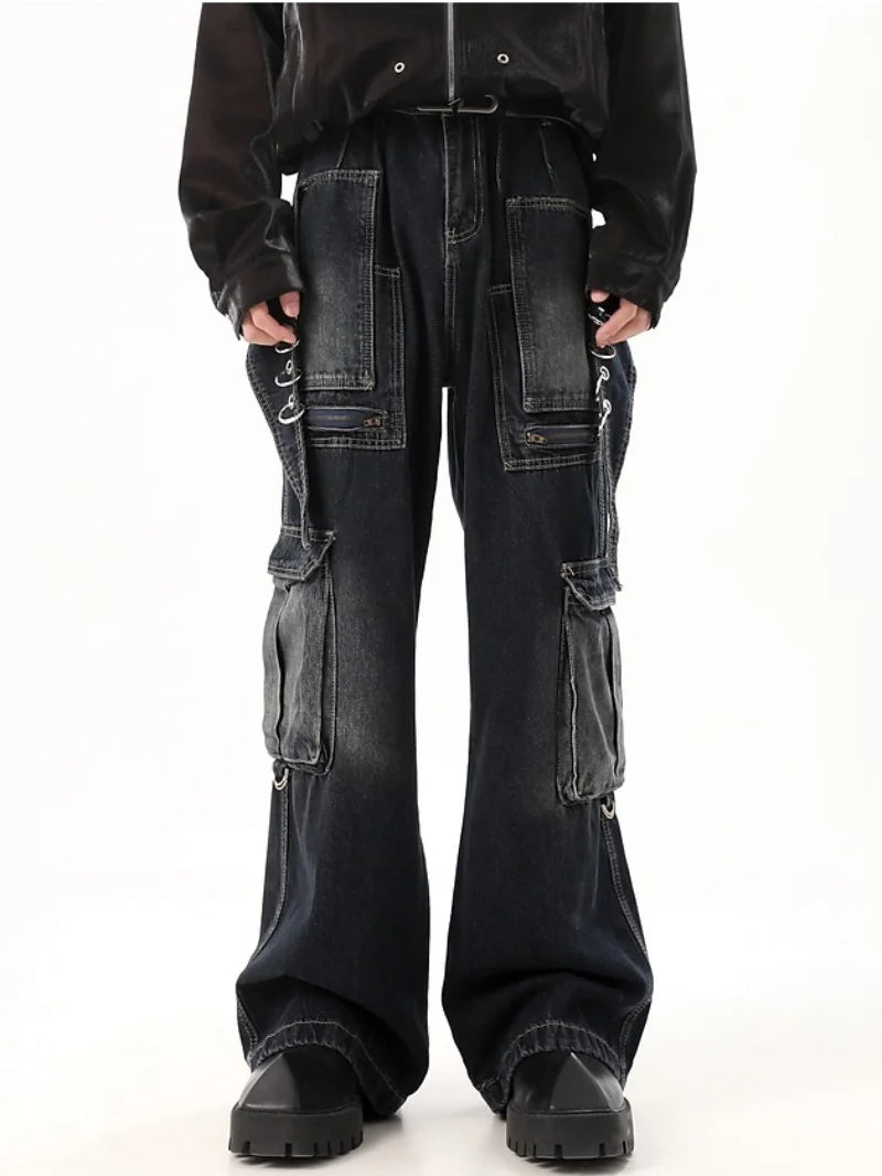 fashion punk rings streetwear loose pants unisex casual multiple pockets wide legs jean pants hip hop joggers men baggy jeans relaxed fit joggers