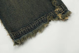 streetwear heavy craft washed distressed faded jeans flare slim straight tassel jeans for men and women raw edge denim pants unique jeans style 671
