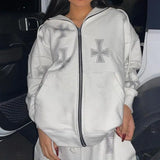 Men Women Cross Rhinestone Coat Leisure Hoodies Oversized Zip Up Hoodi