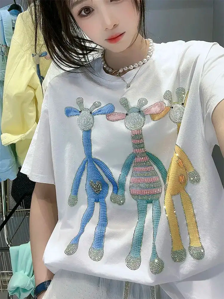 Gothic Aesthetic print tee – New Luxury Sweet Girl Giraffe Diamonds Crystals T Shirts Kor