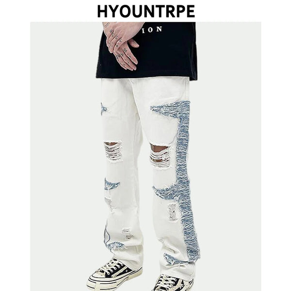 mens high street denim jean pants casual loose destroyed ripped holes straight jeans side patchwork hip hop streetwear joggers sporty tapered joggers