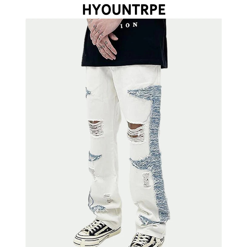 mens high street denim jean pants casual loose destroyed ripped holes straight jeans side patchwork hip hop streetwear joggers sporty tapered joggers