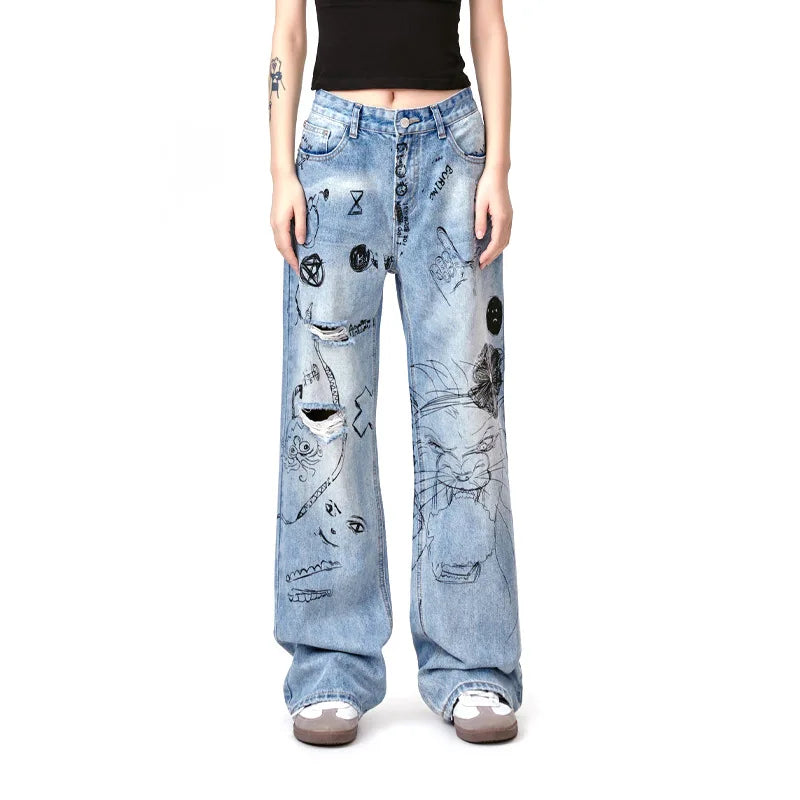 men baggy ripped jeans graffiti printed straight denim pants distressed jeans male streetwear hip hop jeans trousers y2k denim street jeans
