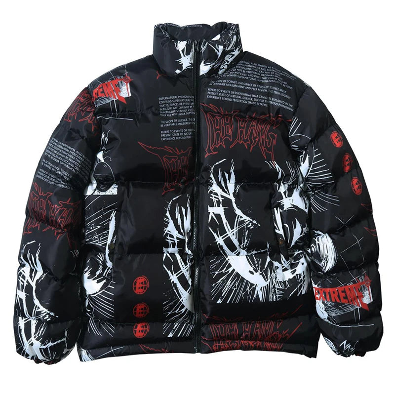 2023 Hip Hop Jacket Parka Men Anime Cartoon Graphic Padded Jacket Coat Warm Winter Streetwear Harajuku Puffer Jackets